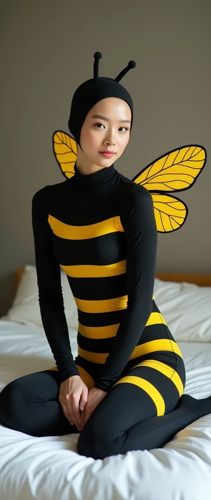 The most beautiful,thin,most pretty and clever Malaysian muslimah adult girl wears yellow bee lycra turtleneck unitard catsuit covered with bee stripes with a pair of wings.She always wear bee lycra dancewear stretchy hijab covered with many stripes with a pair of long antennae.