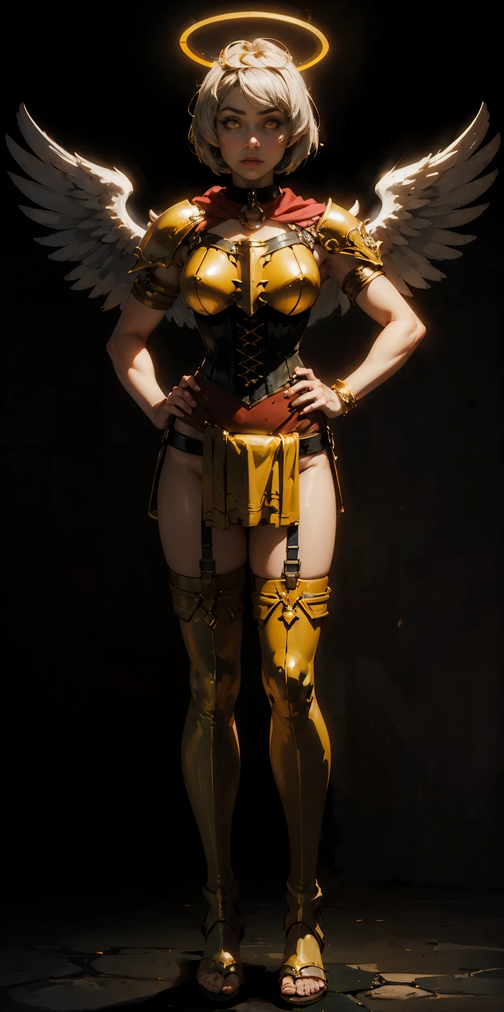(Black background) paladin lady in ornate golden armor, black collar, pauldrons, breastplate, leather corset, glowing halo, short bob hair style, yellow glowing eyes, bright pupils, eye focus, red cape (full body, whole body, 1solo girl) fighter, loincloth standing, hands on hips, metal sandals, leather choker, big belt, view from below, feet together, bracers, tiara, feathers angel wings