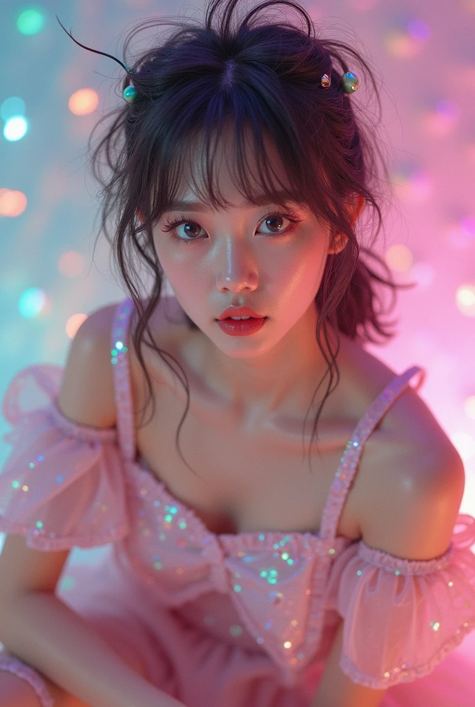 Kpop girl eith y2k vibe and candy around her