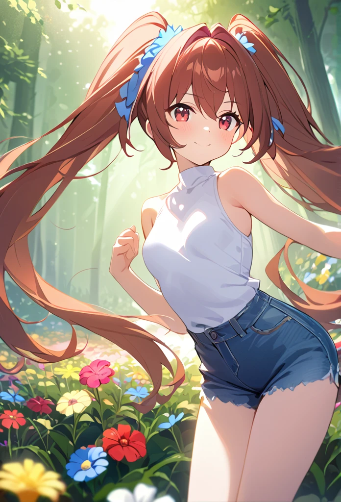 Young Girl、Very cute、Small、Firm breasts、Denim hot pants、Reddish brown hair、Twin tails、Voluminous Hair、Top quality backgrounds、Sunlit forest、Colorful flowers、A distant view、Cheerful pose