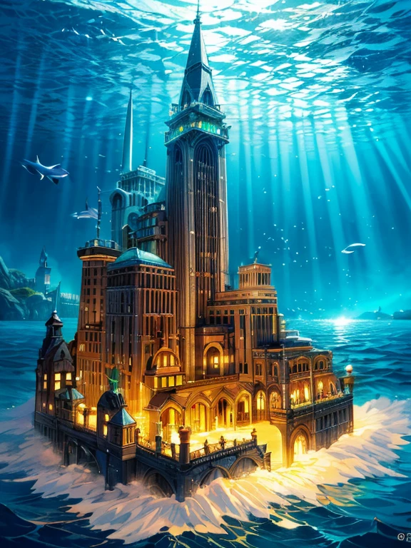 A mystical mysterious island city the ocean, floating island city Bioshock, Rapture, mist surrounding the island building, mysterious atmosphere,floating island in the ocean, mystical, fantasy, digital art, intricate details, 8k, photorealistic, hyperrealistic, cinematic lighting, dramatic lighting, high quality, intricate details, masterpiece, digital art