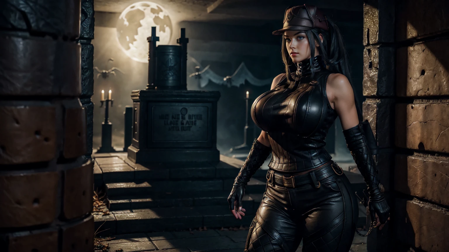 masterpiece, best quality, kai schulen, Cap,leather ribbed sweater leather, sleeveless, pants, leather fingerless gloves, big breasts,thicc body,standing in the spooky tomb,, women look arround, holding a Rifle in her hands
