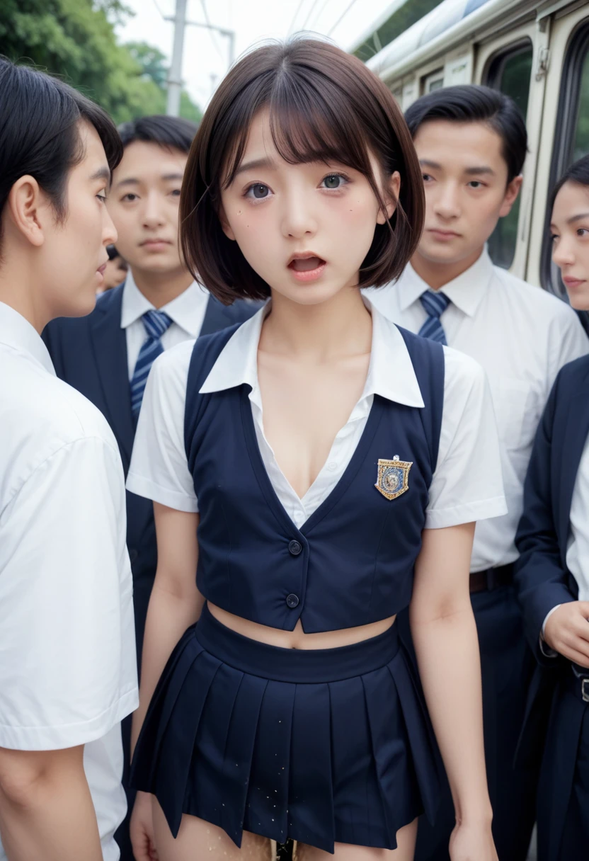 ((Best Quality)), ((masterpiece)), (detailed), (((((photograph))))),one japanese girl aged 15, bob hair ,black eyes,natural makeup,wearing school uniform ,(short skirt),cleavage,Small breasts、Flat Chest,(((a glance of nipple))),,tokyo,commuter bus,very crowded ,too many people,girl is standing ,Unable to hold in the pee and leaking,urinating ,Peeing and wetting my thighs,open mouth,With tears in my eyes、Embarrassed 、Bow slightly, eye on viewer,knolling photo,front view,at the corner of bus,in very dark atmosphere, many males around girl,close to viewer