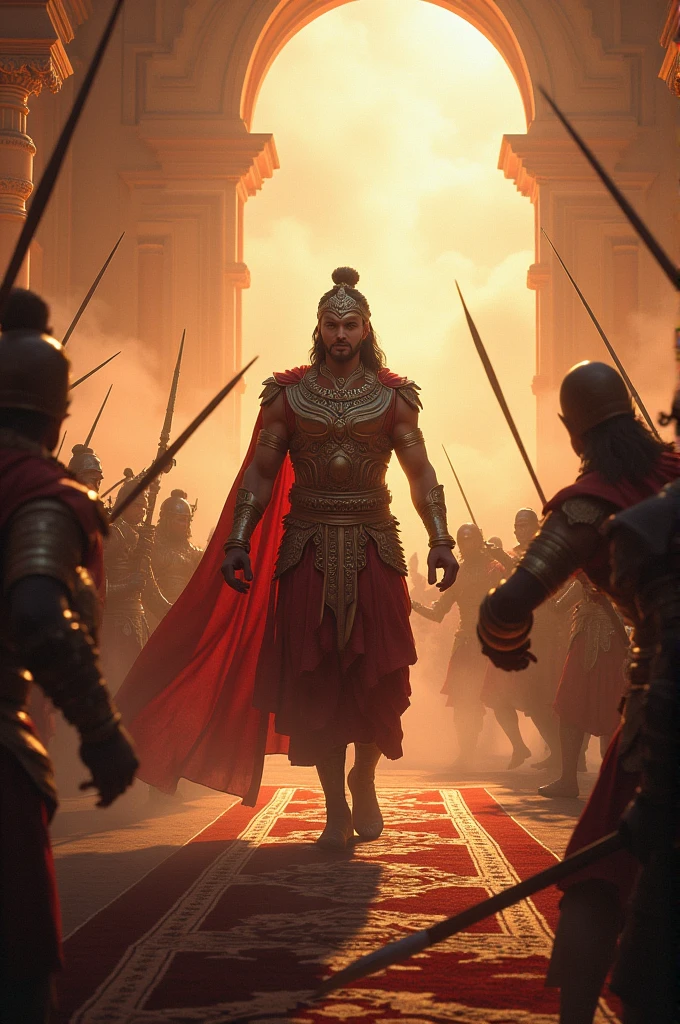 The rajput king come in the her palace , and the king talk her rajput warrior's 