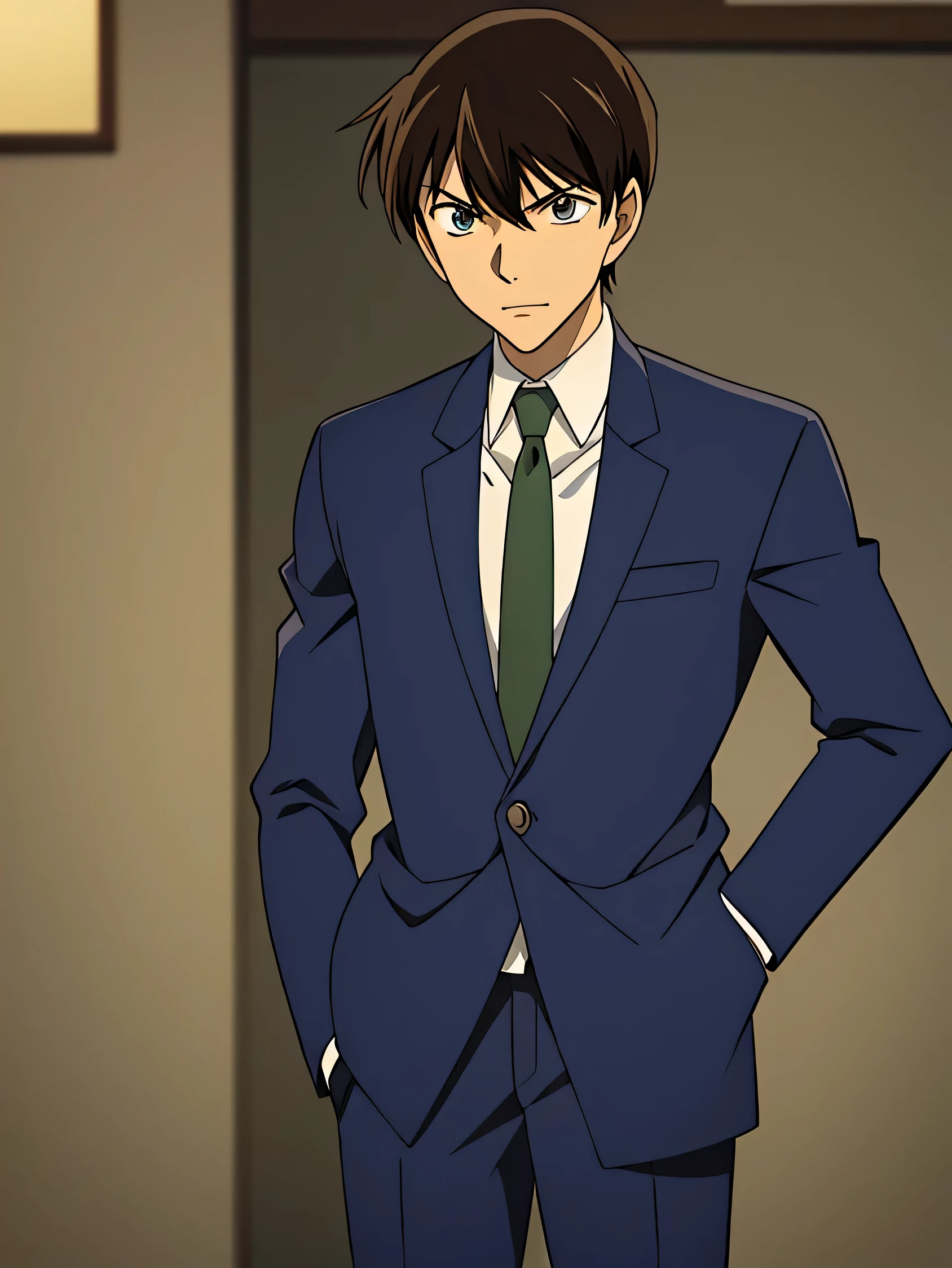 yagami light, male, solo, dark blue suit, green necktie, dark blue slack,