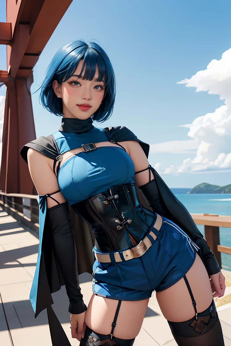 masterpiece, best quality, highres, aaaqua, short hair, blue hair, blue eyes, medium breasts, turtleneck, harness, blue shirt, detached sleeves, corset, black shorts, waist cape, black thighhighs, hand on hip, smile, open mouth, bridge, blue sky