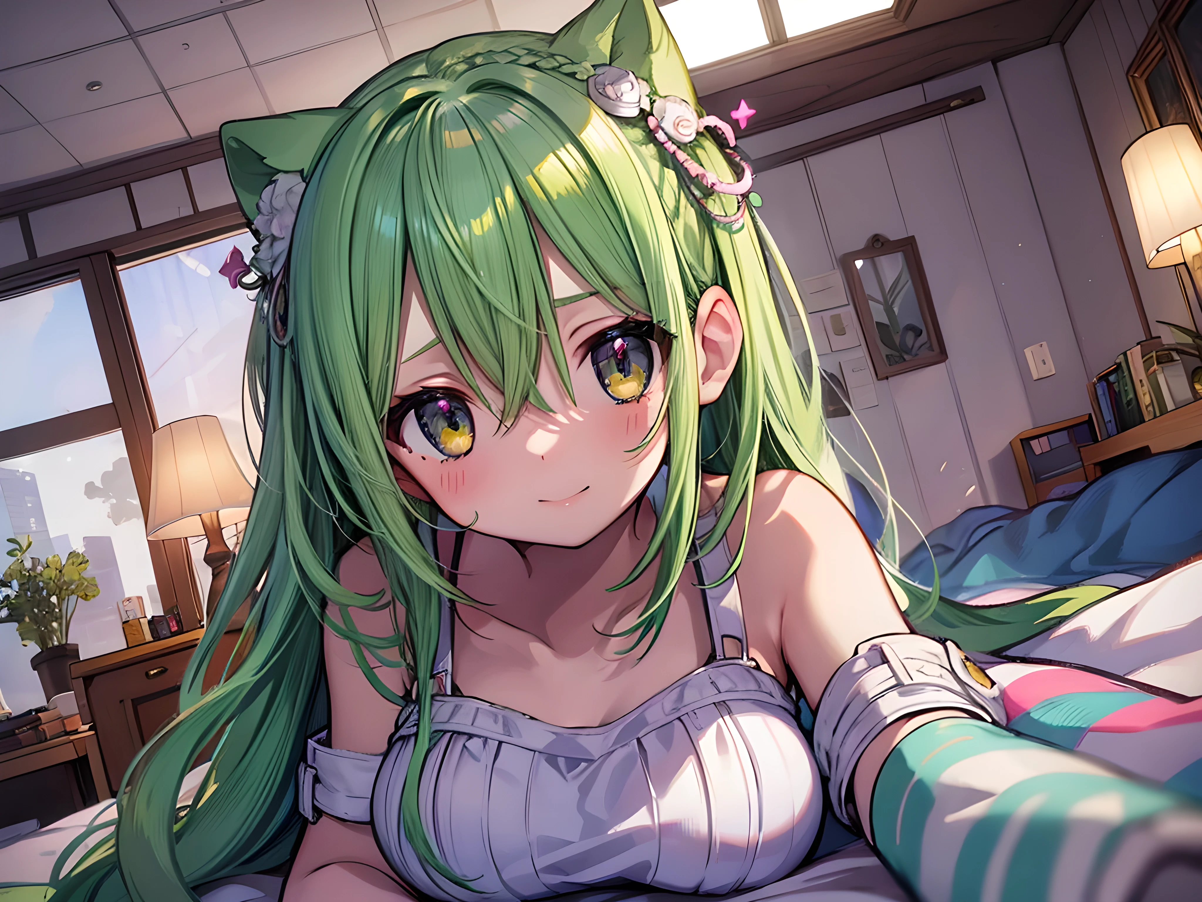 NSFW,((1man with 1woman,Having sex)),light green hair,bared  chest,Half taken pink bikini,Raise both legs,Cat ears，Pink eyes，Striped socks,Light blue Lolita,Top image quality,Best Quality