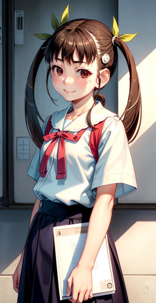 high resolution, HD, best quality, extremely detailed, masterpiece (best quality), 1 girl, Mayoi, brown hair, Long hair (Pigtails), adolescent, Japanese female uniform, sailor school uniform, white shirt, skirt, small breasts, Lean body, smile, Blush, natural lighting, RTX, beautiful (detailed face: 1.2), display case (perfect eyes: 1.1), 8K UHD, looking at the viewer, schoolyard, Simple Background, sunny day