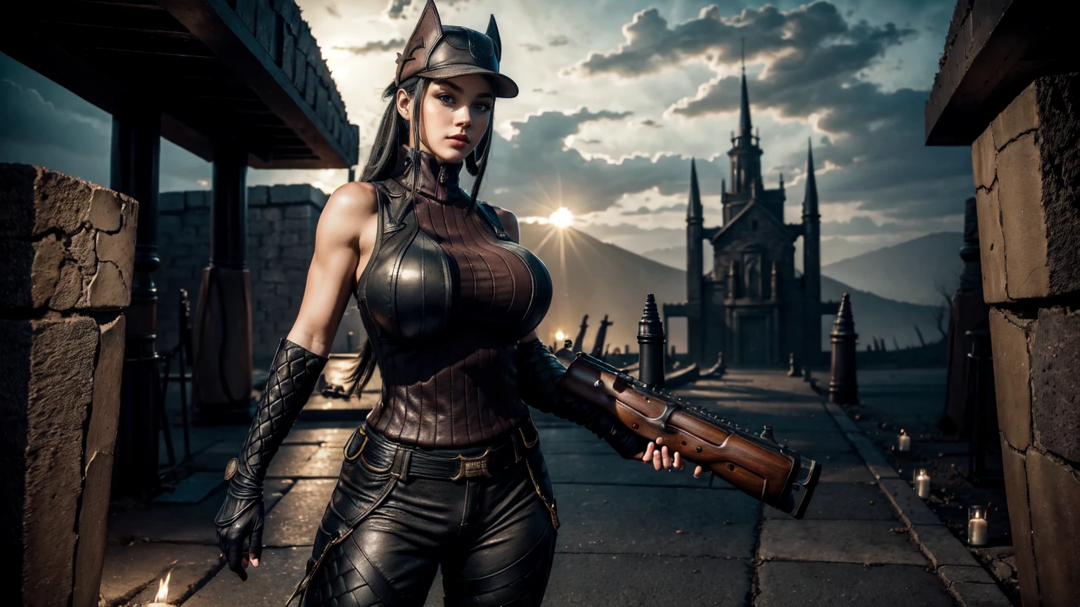 masterpiece, best quality, kai schulen, Cap,leather ribbed sweater leather, sleeveless, pants, leather fingerless gloves, big breasts,thicc body,standing in the spooky tomb, women look arround, holding a Rifle in her hands 