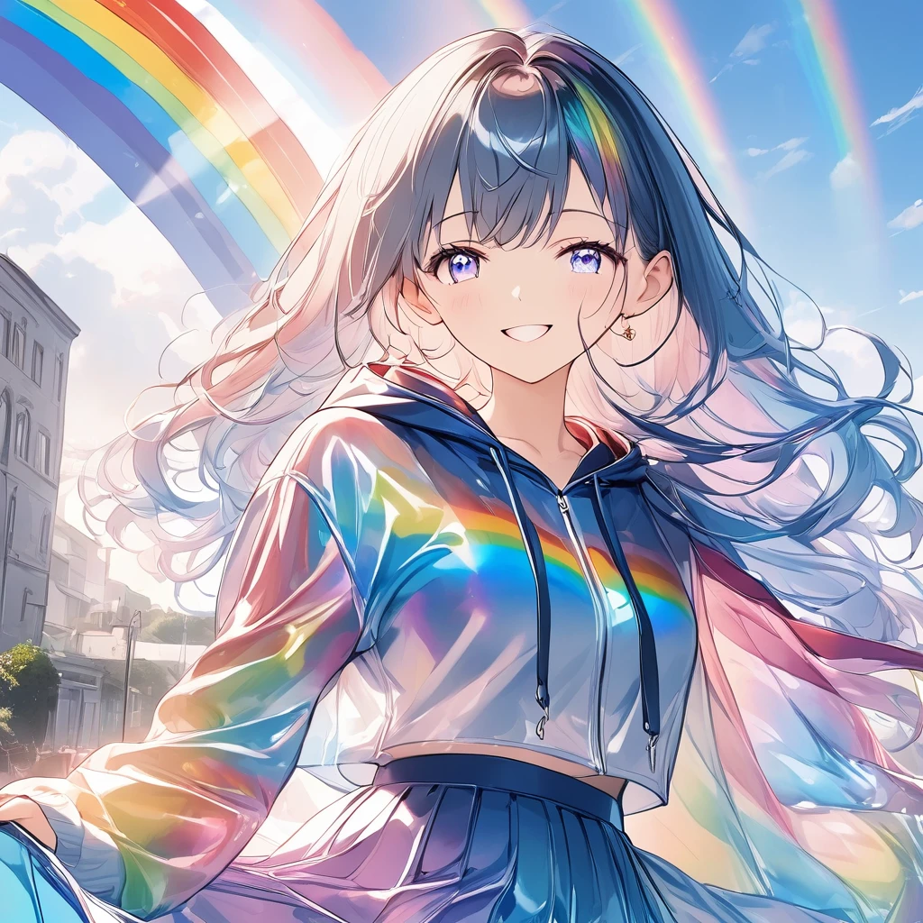 anime、((Amazingly absurd)),(masterpiece:1.2),超High resolution, Attention to detail, high quality, High resolution, 最high quality, 4K, 8k、One woman,Glass Clothes,hoodie,skirt,Iridescent,Rainbow Eyes,Wink,Shining Eyes,Looking at me and smiling,Mysterious