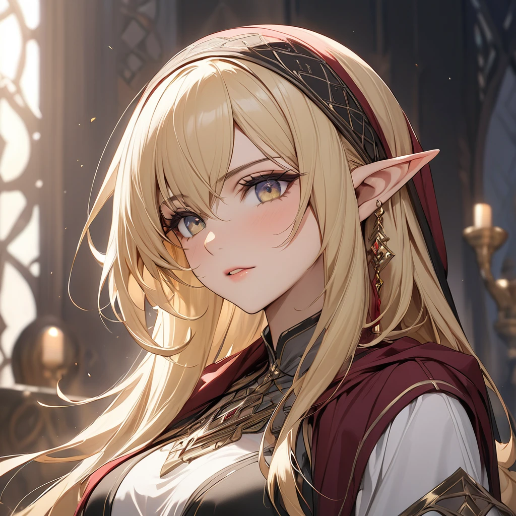 ((Best Quality)), ((masterpiece)), (detailed), （Perfect Face）、The female high elf is Seras Ashlain, a Muslim-looking high elf with medium-long blonde hair wearing a black hijab.