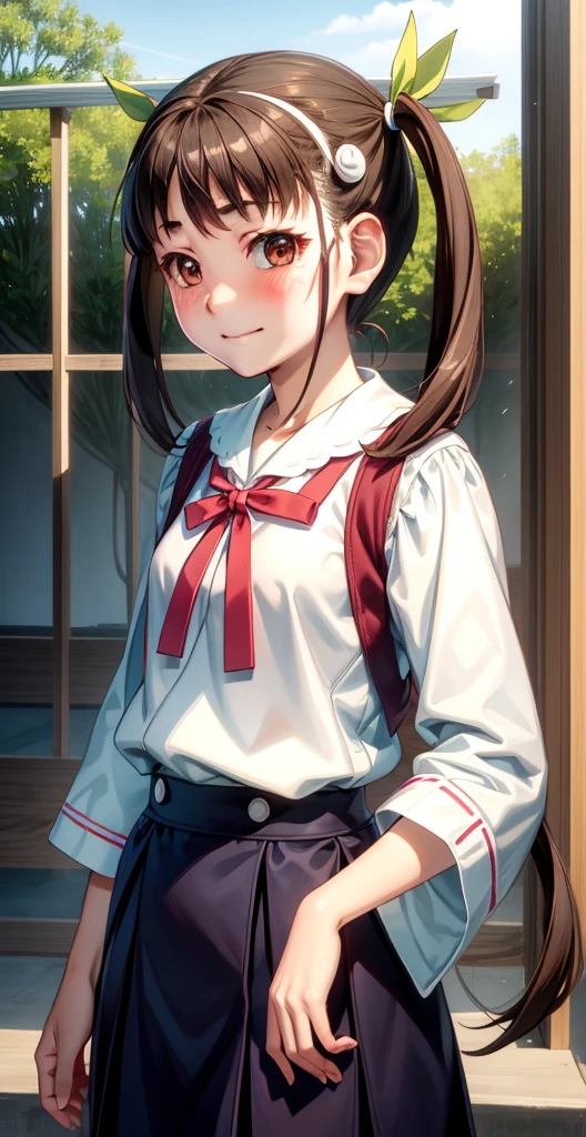 high resolution, HD, best quality, extremely detailed, masterpiece (best quality), 1 girl, Mayoi, brown hair, Long hair (Pigtails), adolescent, Japanese female uniform, sailor school uniform, white shirt, skirt, small breasts, Lean body, smile, Blush, natural lighting, RTX, beautiful (detailed face: 1.2), display case (perfect eyes: 1.1), 8K UHD, looking at the viewer, schoolyard, Simple Background, sunny day