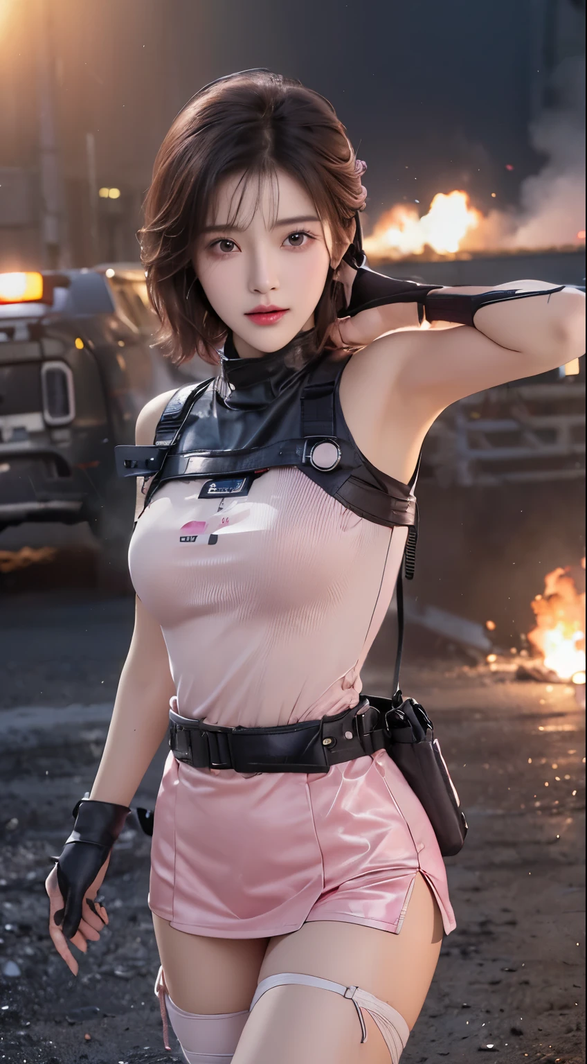 (Best quality, Ultra high definition, Realistic:1.4), (cowboy shot:1), 1 Beautiful Armed Girl, (K-pop idol), Detailed face, (hair style: pink:1, Full bang, Short Bob Style:1), contrast, Perfect anatomy, smooth skin, professional lighting, ((Wearing a futuristic police racing suit, Low miniskirt, Chief of Police, High-tech headsets, Military Waist Harness and Gun Holder, racing gloves, Transmitter and receiver device, Pistol)), (은색 pink 검정색 흰색을 기반으로 한 옷감 색상), (background, crashed car, fire, (explosion)),