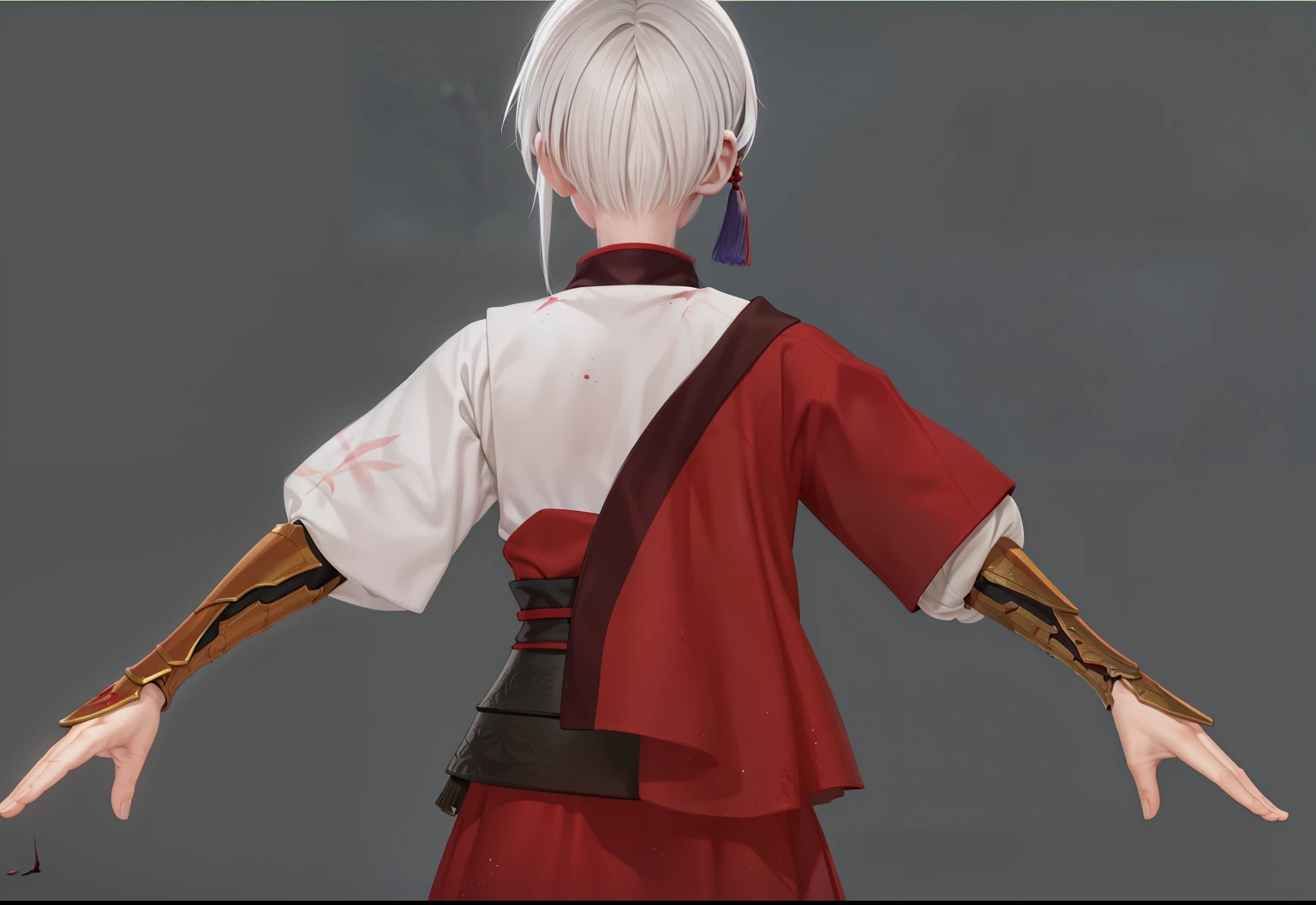 a close up of a person with a white hair and a red outfit, thancred waters in style of wlop, hand painted textures on model, damaged japanese clothes, red cloth around his shoulders, close up character, relaxed dwarf with white hair, highly detailed character, extra detailed body, texturing xyz, final fantasy 14 style, high texture detail)