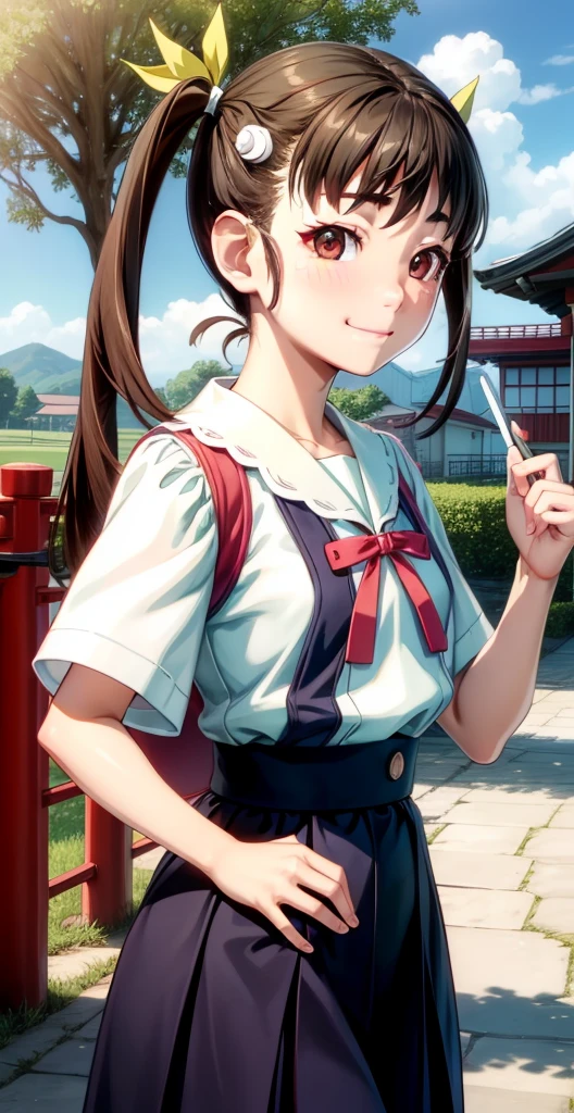 high resolution, HD, best quality, extremely detailed, masterpiece (best quality), 1 girl, Mayoi, brown hair, Long hair (Pigtails), adolescent, Japanese female uniform, sailor school uniform, white shirt, skirt, small breasts, Lean body, smile, Blush, natural lighting, RTX, beautiful (detailed face: 1.2), display case (perfect eyes: 1.1), 8K UHD, looking at the viewer, schoolyard, Simple Background, sunny day