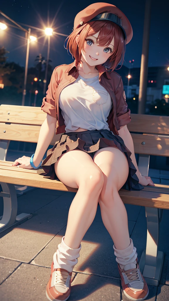 (1) A woman is sitting cross-legged on a bench. (2) The woman is a gal, with a childish face but heavy makeup. She has short red hair. (3) The woman is wearing a short t-shirt a mini-skirt and loose socks (4) The woman's expression is a smile. (5) The location is a park bench at night. diaphragm, (bright eyes:1.25), masterpiece, best quality, extremely detailed, High Quality, 4k, sharp focus, professional, sharp focus, awarded, cinematic lighting, octane rendering, Unreal Engine, volumetric dtx, wallpaper, (masterpiece, Superior quality: 1.2), anime style, Super detail, great lighting, (1 girl: 1.3), (High resolution:1.2),(​masterpiece、Premium:1.2) full body,very detailed eyes, Perfect face, very beautiful female body, large thighs</input></xml>, medium chest, good lighting, cowboy shot, Alone, 1 girl, (((happy face))), sitting,dynamic pose, Red blood cell, Look at the spectators, Short red hair, brown eyes, short skirt, short t-shirt, shows the navel, Sports sneakers are white and light blue, white loose socks, 