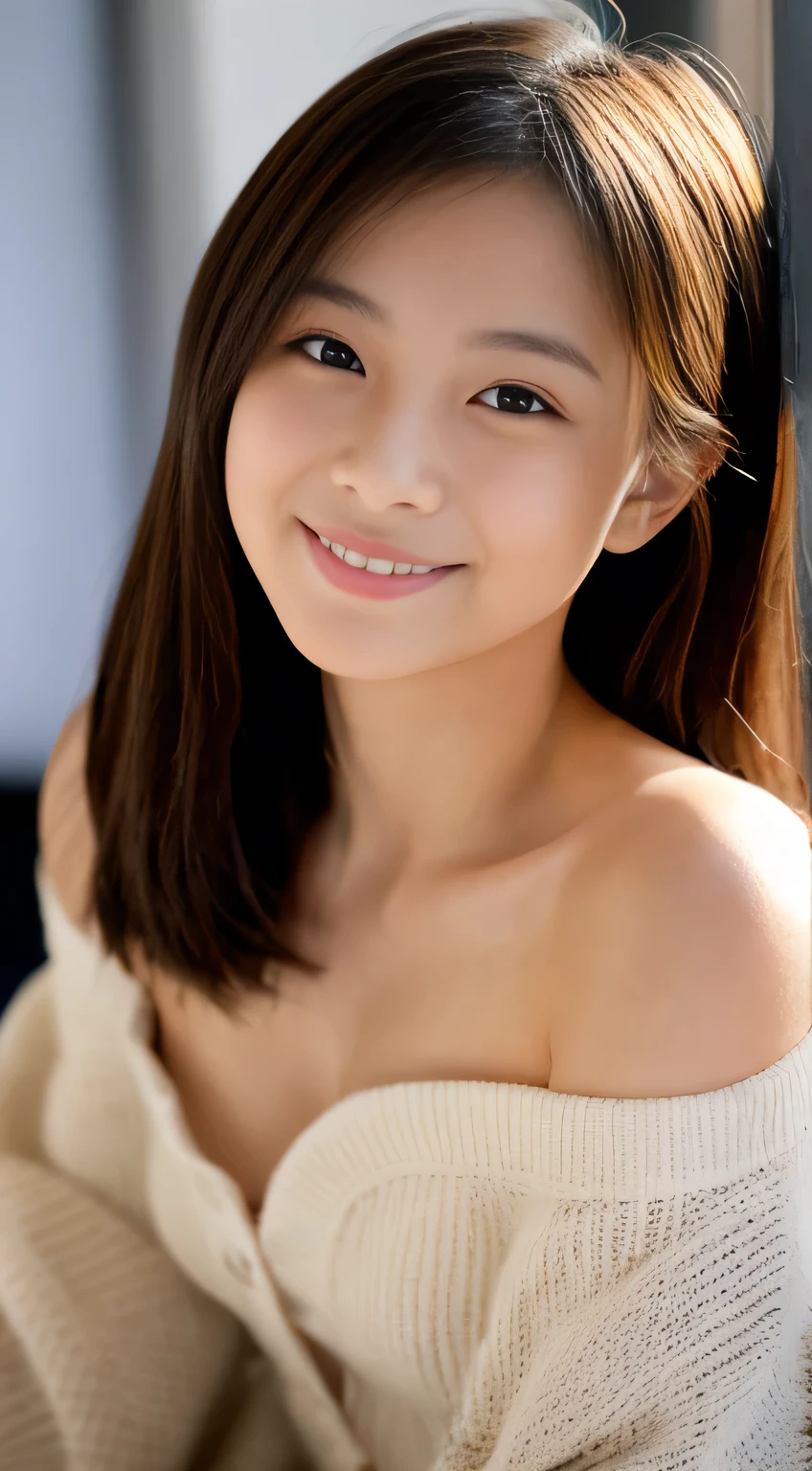 masterpiece,best quality,(Japanese ),((Beautiful girl)),cleavage,indoor,(perfect body beauty:1.2),(shy smile),beautiful teeth,