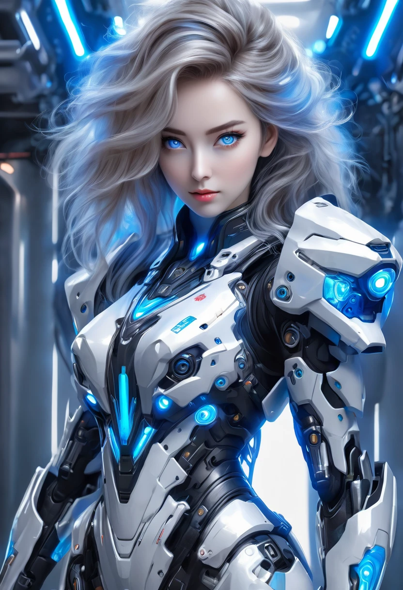 Wearing exoskeleton cyber armor, The armor fits snugly、She has a plasma gun in her hand., Full body portrait, Maximum details, Detailed drawings and excellent quality, 8k,chest, blue eyes, blue eyes, Let&#39;s take a look, Let&#39;s take a look, High resolution, 超High resolution, Best Quality, Shortcuts, Black Hair, 大きなchest, Cinematic Lighting Effects, Futuristic, ((High tech spaceship interior with blue light illumination)), 