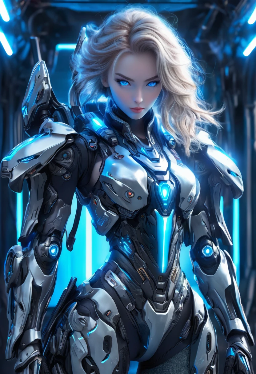 Wearing exoskeleton cyber armor, The armor fits snugly、She has a plasma gun in her hand., Full body portrait, Maximum details, Detailed drawings and excellent quality, 8k,chest, blue eyes, blue eyes, Let&#39;s take a look, Let&#39;s take a look, High resolution, 超High resolution, Best Quality, Shortcuts, Black Hair, 大きなchest, Cinematic Lighting Effects, Futuristic, ((High tech spaceship interior with blue light illumination)), 