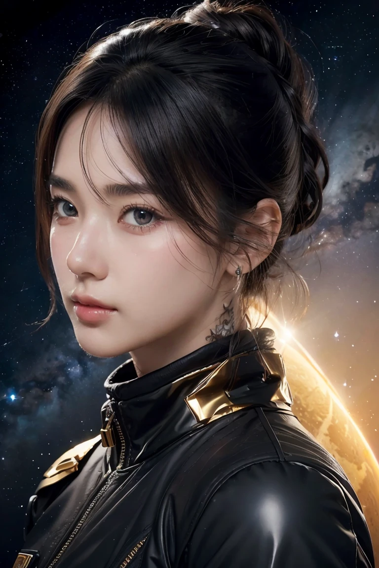 (8k), (highest quality), (best details)space base、Milky Way、jet black hair、Shining golden eyes、tattoo、There&#39;s a cute French girl、Black Space Suit、unlimited、white skin、Massive black hole、Helmet