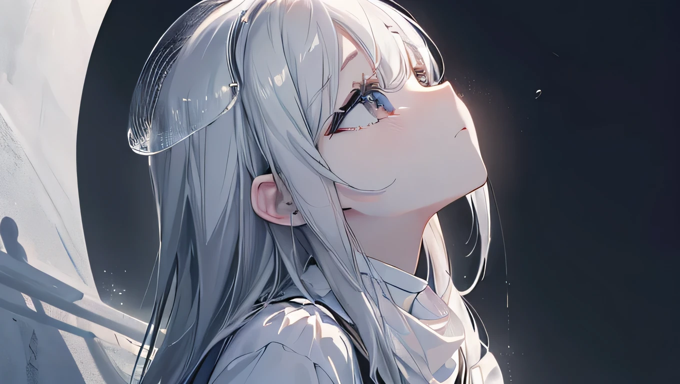 ((highest quality)), ((masterpiece)), (detailed), Perfect Face，Perfect Anatomy，Long Hair，Hair on one eye，Half Up，，，Silver Hair，，First-person view，Holding me close，She stares at me with a sad blush