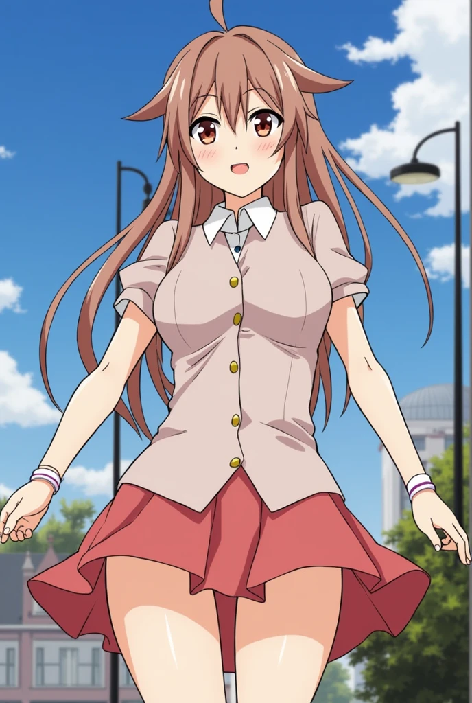 best quality, (masterpiece:1.2), highly detailed, street, 1girl, kotegawa nanaka, looking at viewer, slight smile, open mouth, brown eyes, brown hair, long hair, elbow sleeves, (huge tits), ((nude)), (nipples), (pussy), (busty), random pose, straight long hair
