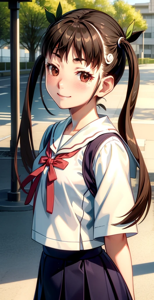 high resolution, HD, best quality, extremely detailed, masterpiece (best quality), 1 girl, Mayoi, brown hair, Long hair (Pigtails), (adolescent), (Japanese female uniform), ((sailor school uniform)), white shirt, skirt, (medium breasts), Lean body, smile, (Blush), natural lighting, RTX, beautiful (detailed face: 1.2), display case (perfect eyes: 1.1), 8K UHD, looking at the viewer, (schoolyard), sunny day