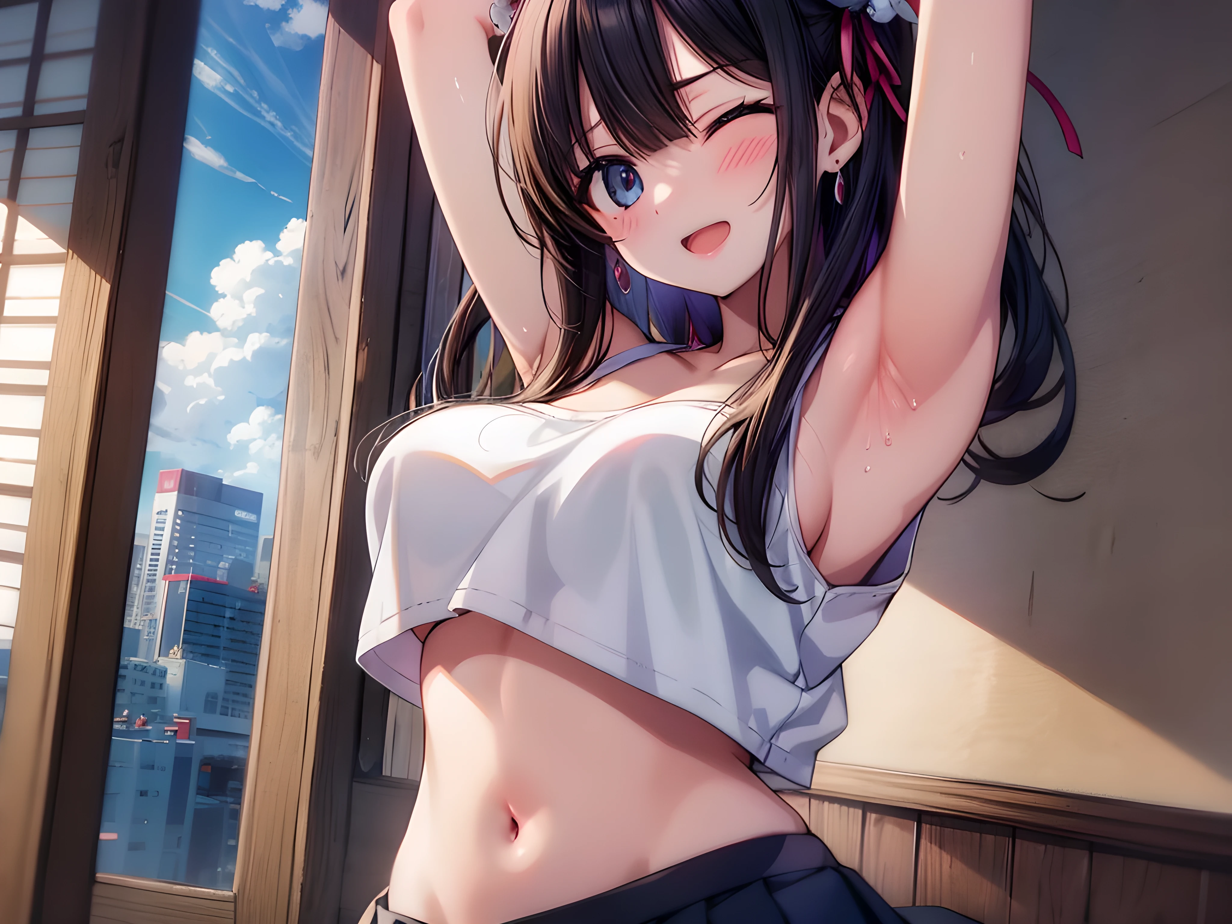 {(masterpiece,best quality, 8K UHD, extremely detailed CG, detailed beautiful face and eyes and skin and hair)},{(kyoani style:1.2),(ultra realistic photo graphic:1.4)}, {1girl, (very soft breasts:1.4)}, high school student, profile, (white panties), {(crouching and spread legs:1.4),(lift up the skirt:1.4)},grabbing own breast,(open mouth,half open eyes),(saliva)