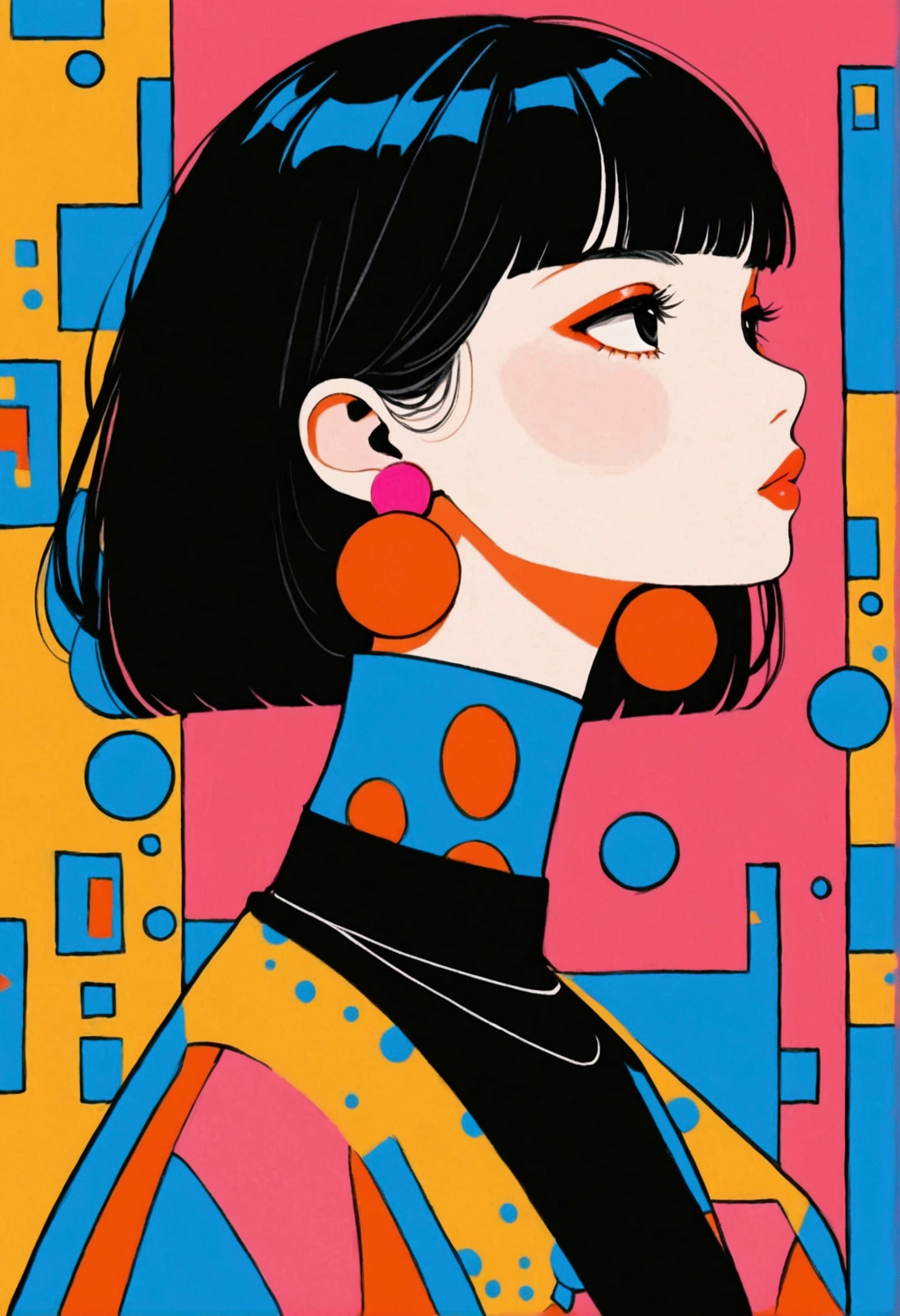 short, straight black hair with bangs, large round white and red earrings, standing with head turned to the side, wearing a black top with a blue collar, looking towards the right, pink background, bold and colorful illustration style, well-defined edges, high contrast colors, bright and lively atmosphere, artistic and modern.