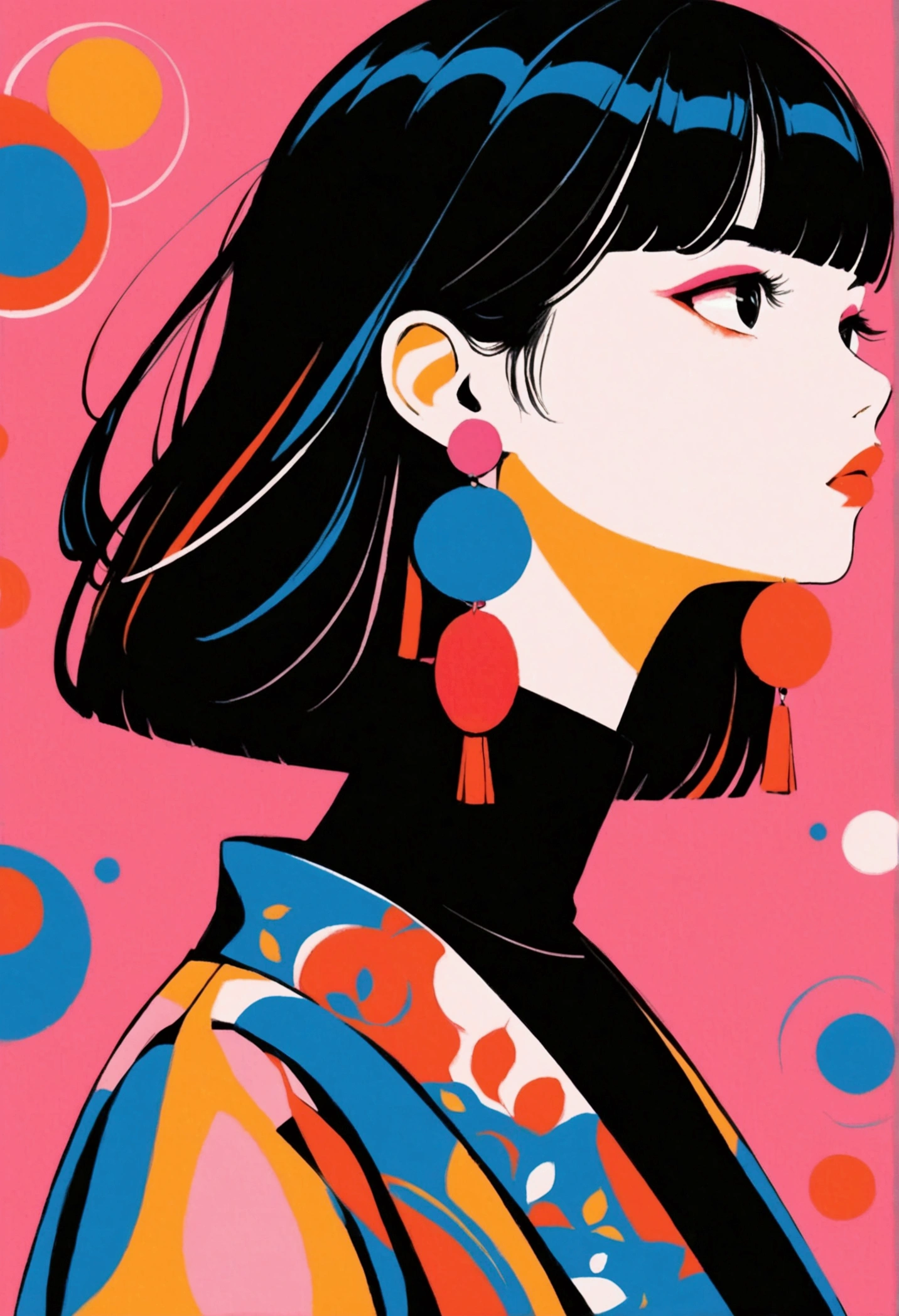 short, straight black hair with bangs, large round white and red earrings, standing with head turned to the side, wearing a black top with a blue collar, looking towards the right, pink background, bold and colorful illustration style, well-defined edges, high contrast colors, bright and lively atmosphere, artistic and modern.