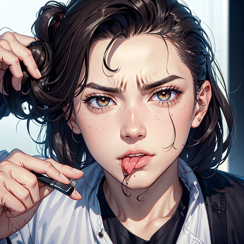 a disney sucking a penis, the penis is in her mouth, piercings, pain, agony, teenager, holding a cigarette, the cigarette ash is growing very long, the cigarette ash is very long, SMOKE IN MOUTH, lots of cigarette ash,