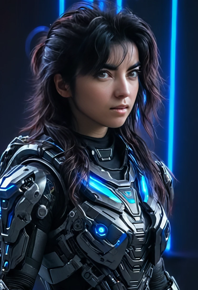 A woman wearing exoskeleton cyber armor, The armor fits snugly、She has a plasma gun in her hand., Full body portrait, Maximum details, Detailed drawings and excellent quality, 8k,chest, blue eyes, High resolution, 超High resolution, Best Quality, Shortcuts, Black Hair, 大きなchest, Cinematic Lighting Effects, Futuristic, ((High tech spaceship interior with blue light illumination)), ((Black Hair))，