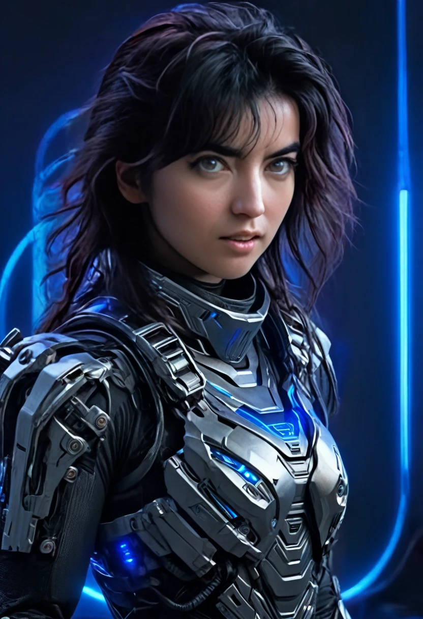 A woman wearing exoskeleton cyber armor, The armor fits snugly、She has a plasma gun in her hand., Full body portrait, Maximum details, Detailed drawings and excellent quality, 8k,chest, blue eyes, High resolution, 超High resolution, Best Quality, Shortcuts, Black Hair, 大きなchest, Cinematic Lighting Effects, Futuristic, ((High tech spaceship interior with blue light illumination)), ((Black Hair))，