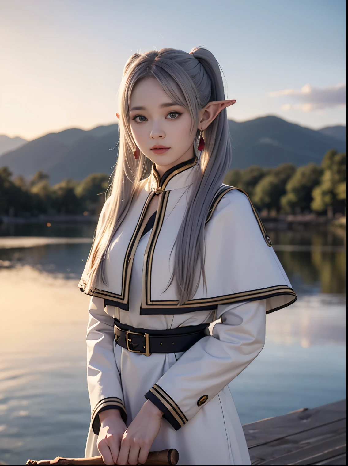 (Best quality images, masterpiece), Detailed landscape,(((Gray Hair))), Beautiful green eyes with beautiful details,  Quiet湖 (Reflecting the vibrant evening sky),Color nuances,Quiet, Freeze, One girl, Long Hair, Pointed Ears, Twin tails, jewelry, Elf, Earrings, Capelet, white Capelet, Long sleeve, Parted bangs, dress, belt, flower, Small breasts, Wide Hips, Place your hands behind your back,Holding a wooden walking stick,Portrait Photography,Photographed from the front