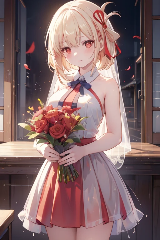 chisatonishikigi, Chisato Nishikigi, long hair, bangs, blonde hair, (red eyes:1.5), hair ribbon, one side up, tears run down her face,Crying with joy,blush,smile, open your mouth,Red Wedding Dress,veil,Red wedding skirt,bouquet,bouquetトス,holding a large bouquet of flowers in both hands,
break indoors, church,chapel,
break looking at viewer, (cowboy shot:1.5),
break (masterpiece:1.2), highest quality, High resolution, unity 8k wallpaper, (figure:0.8), (detailed and beautiful eyes:1.6), highly detailed face, perfect lighting, Very detailed CG, (perfect hands, perfect anatomy),