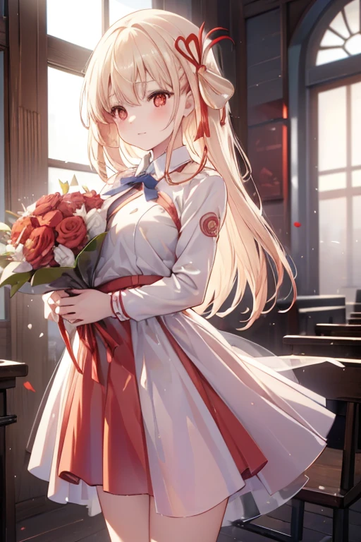 chisatonishikigi, Chisato Nishikigi, long hair, bangs, blonde hair, (red eyes:1.5), hair ribbon, one side up, tears run down her face,Crying with joy,blush,smile, open your mouth,Red Wedding Dress,veil,Red wedding skirt,bouquet,bouquetトス,holding a large bouquet of flowers in both hands,
break indoors, church,chapel,
break looking at viewer, (cowboy shot:1.5),
break (masterpiece:1.2), highest quality, High resolution, unity 8k wallpaper, (figure:0.8), (detailed and beautiful eyes:1.6), highly detailed face, perfect lighting, Very detailed CG, (perfect hands, perfect anatomy),