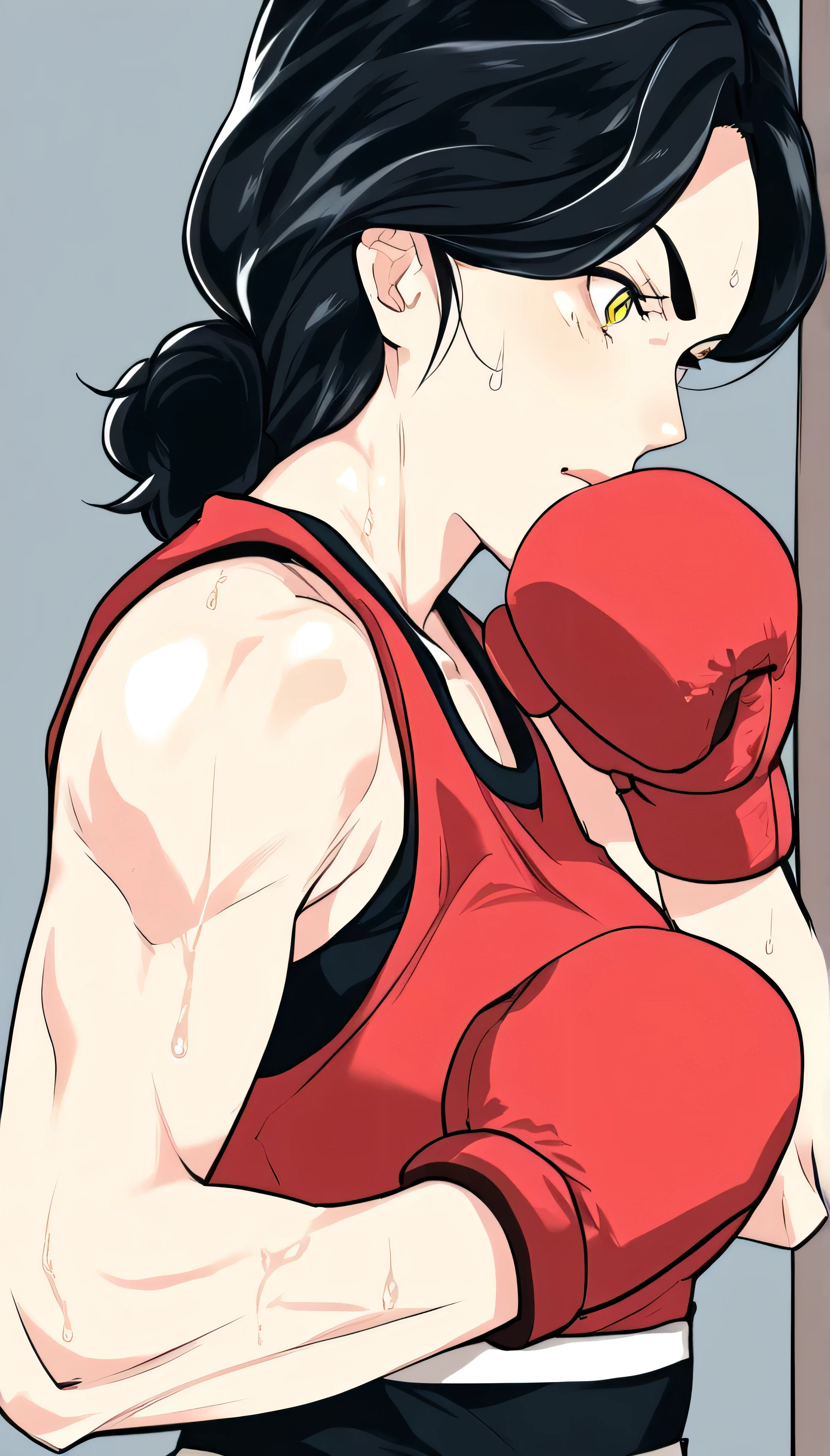 black hair,masterpiece,best quality,highres,ultra-detailed,aashizue,yellow eyes,long hair,(sports bra:1.2), boxing gloves, toned, muscular,sweating, (sleeveless:1.4)