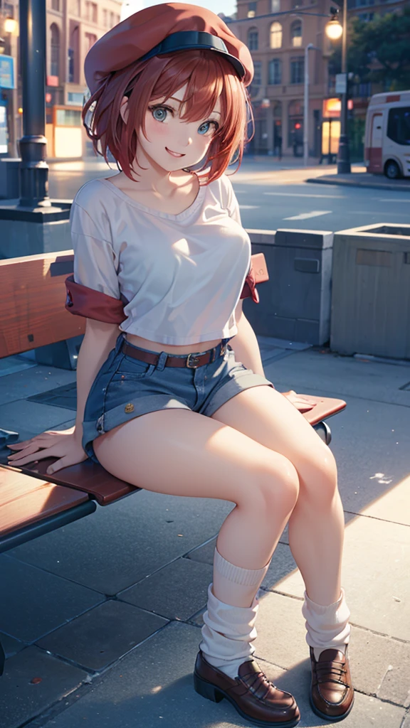 (1) A woman is sitting cross-legged on a bench. (2) The woman is a gal, with a childish face but heavy makeup. She has short red hair. (3) The woman is wearing a short t-shirt t and loose socks (4) The woman's expression is a smile. (5) The location is a park bench at night. diaphragm, (bright eyes:1.25), masterpiece, best quality, extremely detailed, High Quality, 4k, sharp focus, professional, sharp focus, awarded, cinematic lighting, octane rendering, Unreal Engine, volumetric dtx, wallpaper, (masterpiece, Superior quality: 1.2), anime style, Super detail, great lighting, (1 girl: 1.3), (High resolution:1.2),(​masterpiece、Premium:1.2) full body,very detailed eyes, Perfect face, very beautiful female body, large thighs</input></xml>, medium chest, good lighting, cowboy shot, Alone, 1 girl, (((happy face))), sitting,dynamic pose, Red blood cell, Look at the spectators, Short red hair, brown eyes, short jeans, short t-shirt, shows the navel, Sports sneakers are white and light blue, white loose socks, 