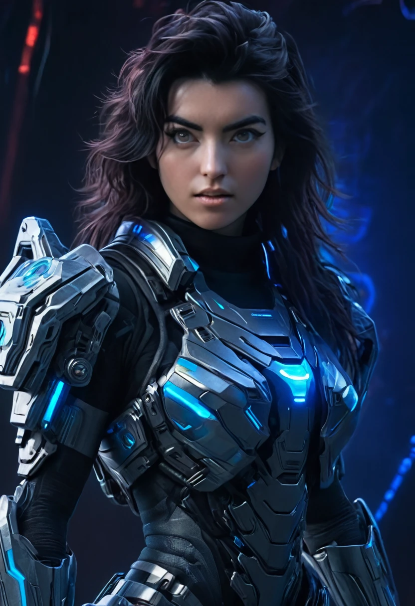 A woman wearing exoskeleton cyber armor, The armor fits snugly、She has a plasma gun in her hand., Full body portrait, Maximum details, Detailed drawings and excellent quality, 8k,chest, blue eyes, High resolution, 超High resolution, Best Quality, Shortcuts, Black Hair, 大きなchest, (Cinematic Lighting Effects), ((High tech spaceship interior with futuristic blue light lighting)), ((Black Hair))，