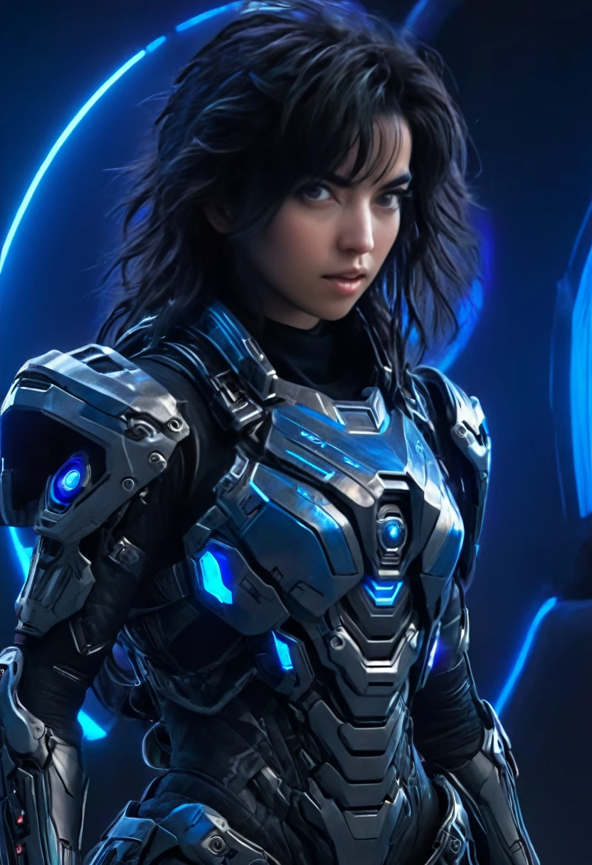 A woman wearing exoskeleton cyber armor, The armor fits snugly、She has a plasma gun in her hand., Full body portrait, Maximum details, Detailed drawings and excellent quality, 8k,chest, blue eyes, High resolution, 超High resolution, Best Quality, Shortcuts, Black Hair, 大きなchest, (Cinematic Lighting Effects), ((High tech spaceship interior with futuristic blue light lighting)), ((Black Hair))，