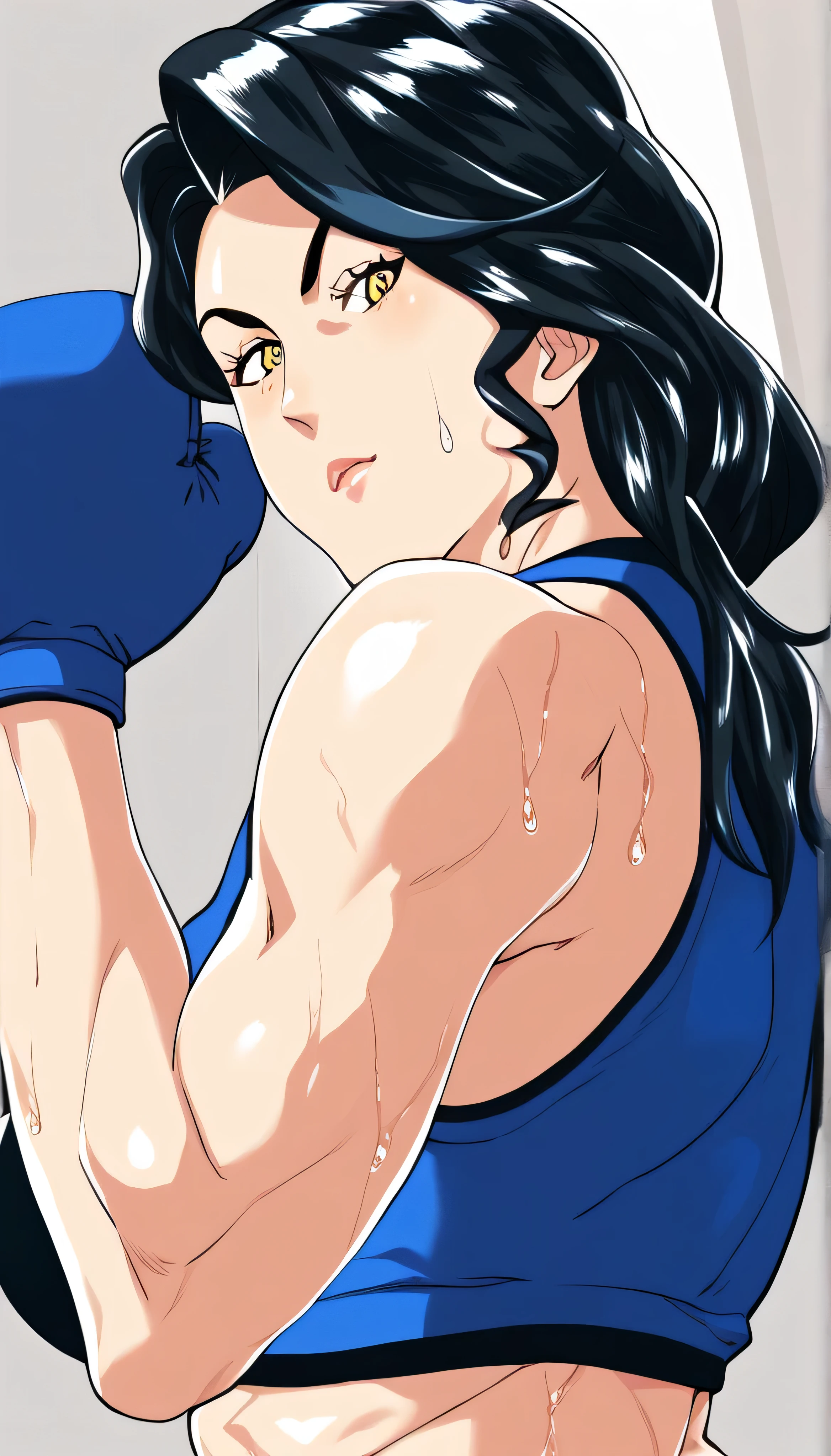 black hair,masterpiece,best quality,highres,ultra-detailed,aashizue,yellow eyes,long hair,(sports bra:1.2), boxing gloves, toned, muscular,sweating, (sleeveless:1.4)