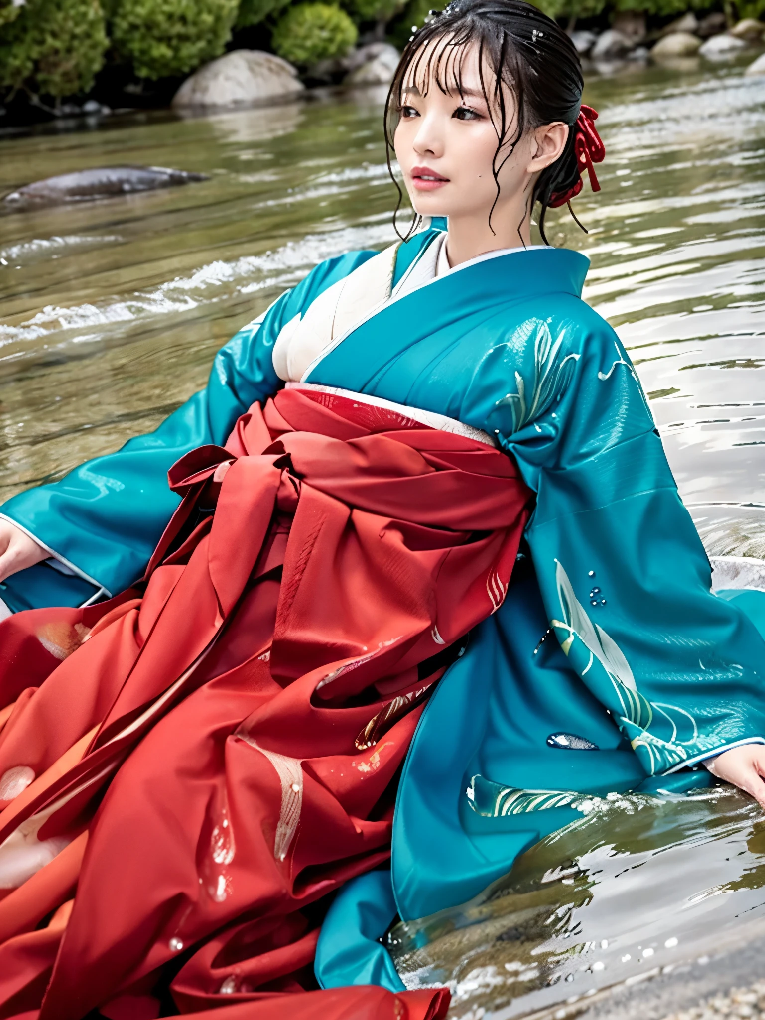 Realistic, long-sleeved kimono, hakama, long hakama, long long-sleeved kimono, wet clothes, soaking wet clothes, water dripping from clothes, wet shiny clothes, clothes with a wet texture, clothes that stick to the body, immersing in a river, taking a shower, lying down in a river