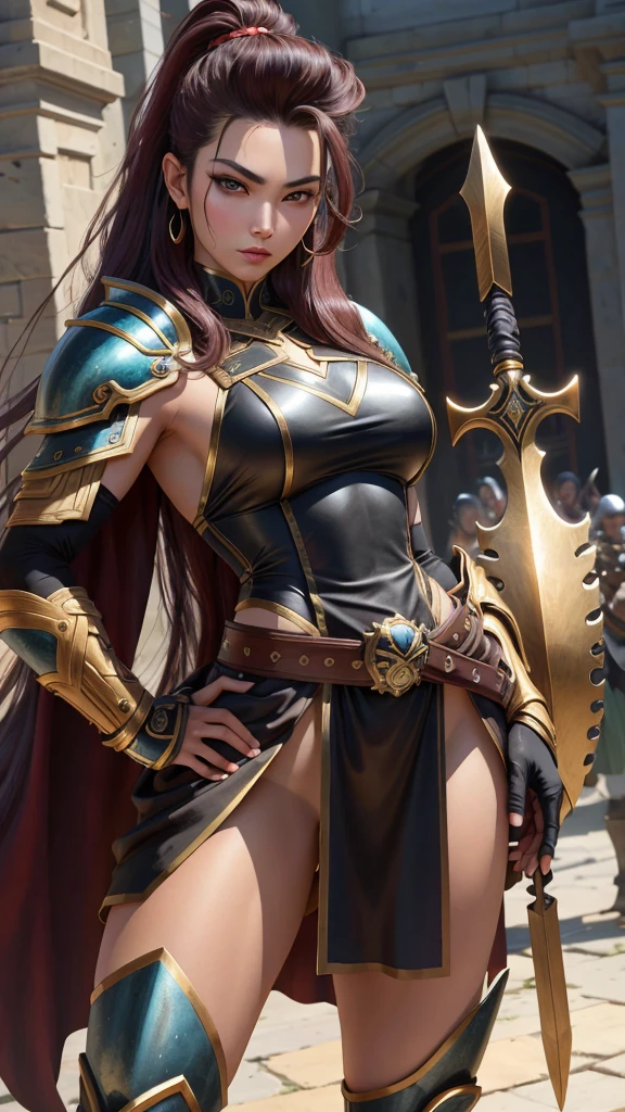 Black Hair, High resolution, Big Tits,Super Breasts,Large Breasts,Saggy breasts,Big white round ass, Plump, Droopy eyes, Showing teeth, Chubby, Brown Hair, bangs, Large Breasts, Underbust, See through, Stick your butt out,Keep your butt up, A bikini top with metallic white and gold armor. The armor plates protect the chest area and are designed to fit the body and accentuate the curves.,The plate is intricately engraved and the shining emblem in the center is eye-catching.。There are small shoulder guards on the shoulders, designed not to restrict movement.,High-waisted metallic shorts with armored thighs,There are small slits on the sides, allowing for ease of movement and a sexy look.,A chain belt is worn around the waist, with a sword-shaped accent hanging from the center.,Knee-high leather boots with metal plates covering the ankles and knees, and detailed embroidery on the entire boot.,The heels are high and make a sharp noise every time you walk.,A lightweight metallic tiara covers the head, and a jewel is embedded in the forehead to express the dignity of a warrior.,Her hair flows out from under her helmet, ensuring her beauty on the battlefield.,Gauntlets that cover the wrist and elbow,The back of the hand is decorated with a decorative pattern.,The sharp claw-like design continues all the way to the fingertips.,The gauntlet is engraved with runes that symbolize a warrior's pride.,gold and black chain necklace,A large emerald shines in the center, symbolizing the strength and elegance of a warrior.,The necklace expresses strength and sexiness at the same time, peeking through the chain mail.,A small round shield held in the hand. The black and gold obverse features a bold emblem in the center.,The edge of the shield is decorated with sharp blades, making it a design that combines defense and attack.,Long sword attached to waist,The sheath is intricately decorated and the hilt is embedded with jewels, so when the sword is drawn, its shine is so beautiful i