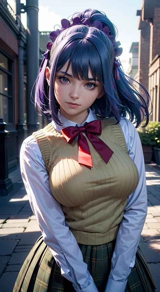 (((soft lighting, Luz outfit, dark scene, Evening, low key))),
The best quality, masterpiece, ultra high resolution, RAW photo, beautiful and aestheticsombra profunda, Dark theme,(Photorealistic:1.4),
(young beauty, Institution, smile, huge chest, purple eyes, (Blue Hair), short hair, horsetail, (yellow sweater vest), White shirt,green plaid skirt, red bow, tie, purple headdress, Star \(symbol\), Purple hair band),
elegant bearing, evocative atmosphere, magnetic presence, refined seduction, captivating mysticism,
Intricate Zentangle Patterns, a single female figure, amazing level of detail, generously endowed, portrait composition, Shocking Perspective, a chaotic masterpiece, elegantly balanced, Inspired by brutalist architecture, vibrant color palette, Nuances,
outdoors, Spooky and creepy forest,