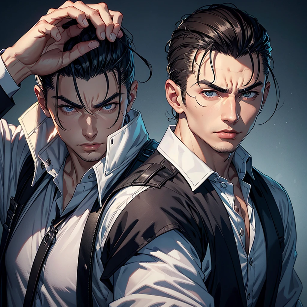 animatiom of boy with two face, half of them is handsom and good boy,but half of them is bad boy and creepy face,3D,upscales --auto --s2
