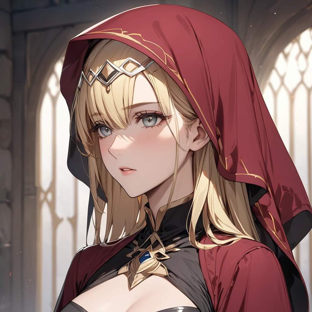 ((Best Quality)), ((masterpiece)), (detailed), （Perfect Face）、The female high elf is Seras Ashlain, a Muslim-looking high elf with medium-long blonde hair wearing a black hijab.