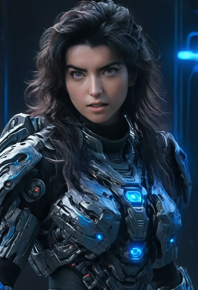 A woman wearing exoskeleton cyber armor, The armor fits snugly、She has a plasma gun in her hand., (Full body portrait), Maximum details, Detailed drawings and excellent quality, 8k,chest, blue eyes, High resolution, 超High resolution, Best Quality, Shortcuts, Black Hair, 大きなchest, (Cinematic Lighting Effects), ((High tech spaceship interior with futuristic blue light lighting)), ((Black Hair))，