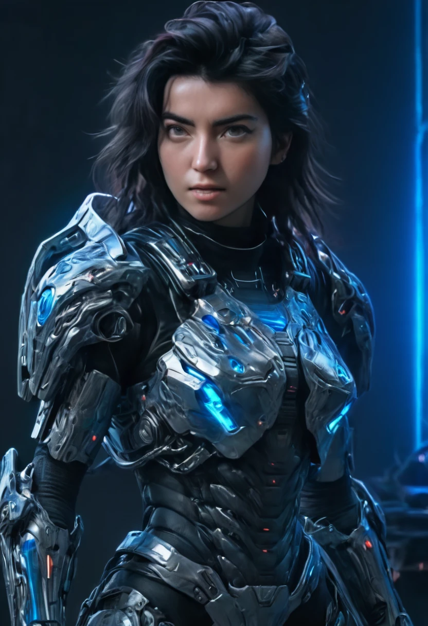 A woman wearing exoskeleton cyber armor, The armor fits snugly、She has a plasma gun in her hand., (Full body portrait), Maximum details, Detailed drawings and excellent quality, 8k,chest, blue eyes, High resolution, 超High resolution, Best Quality, Shortcuts, Black Hair, 大きなchest, (Cinematic Lighting Effects), ((High tech spaceship interior with futuristic blue light lighting)), ((Black Hair))，