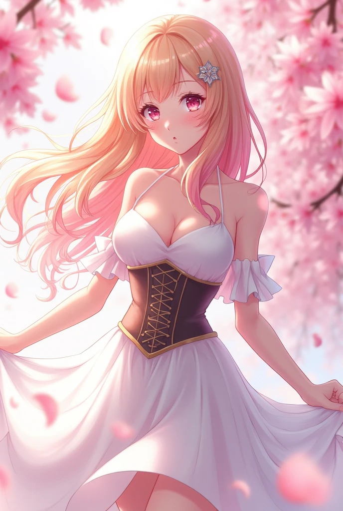 (Voluptuous:1.4),(gigantic breasts:1.8),((Very Beautiful Blonde Milf)),(((arms behind back))),(((1 Adult mature princess in fancy lolita dress with voluminous full length hoop skirt))),((standing in street, cherry blossom trees)),(bling-bling gorgeous gemstone jewelry),detailed mature face and eyes,((,extremely voluminous Very Long blonde Hair)),(gorgeous embroidery and lace),cleavage,gorgeous corsage,See-through,((extremely gorgeous lolita hair ornament)),bling-bling extremely gorgeous jeweled tiara,ornate ruffles,beautiful embroidery,(hoop skirt,crinoline),cherry blossoms, (cherry blossom petals flowing),((Dynamic Angle)),Looking at viewer,sweet lolita dress with voluminous full length hoop skirt, ((anime artstyle)),(Masterpiece),(Best Quality), (Super Detail), arms behind back,