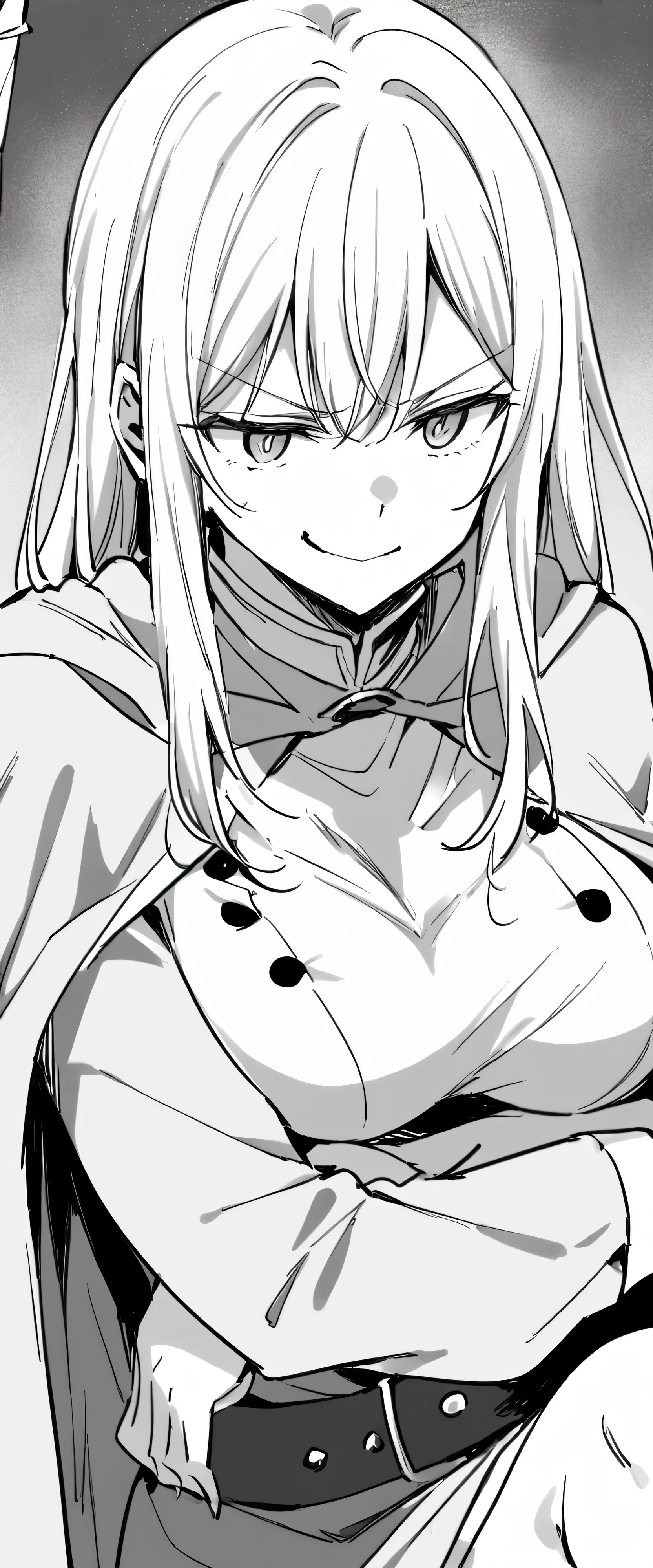 Women in cape with mocking smile, large breasts, looking at front, black and white manga image.